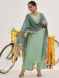 Varanga Green Gotta Patti Detail Straight Kurta & Palazzos With Dupatta