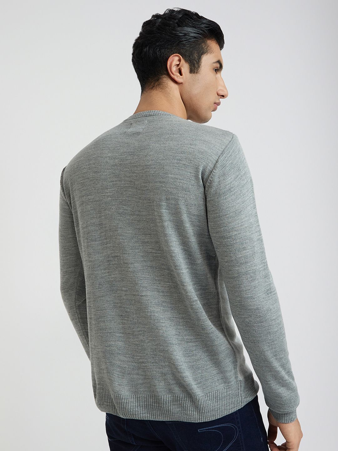 Raymond Men Grey Melange & Blue Striped Woolen Pullover