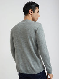 Raymond Men Grey Melange & Blue Striped Woolen Pullover