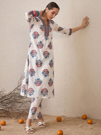 Indo Era Floral Printed V-Neck Cotton A-Line Kurta With Trousers