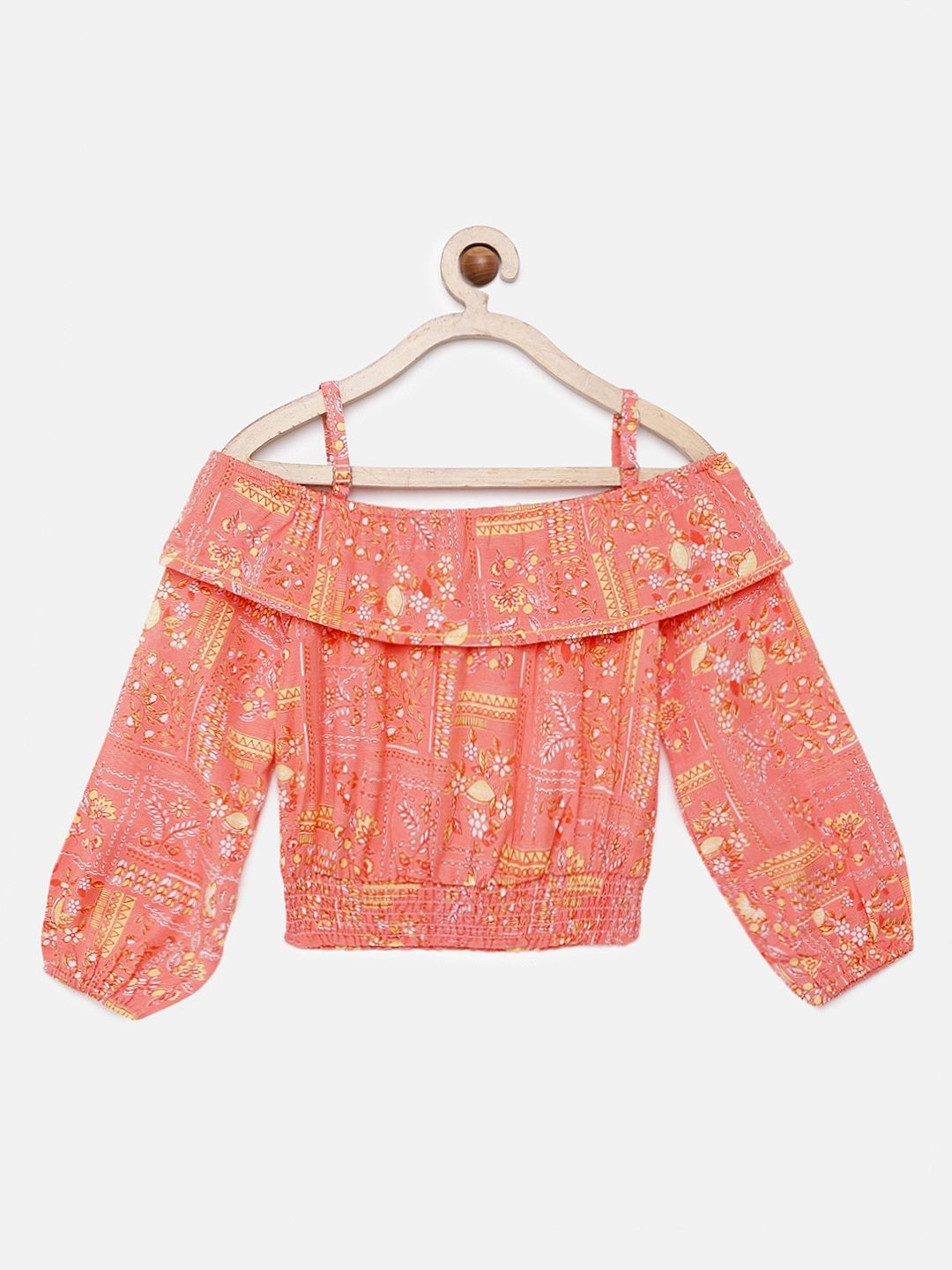 Global Desi Coral Printed Bardot Top