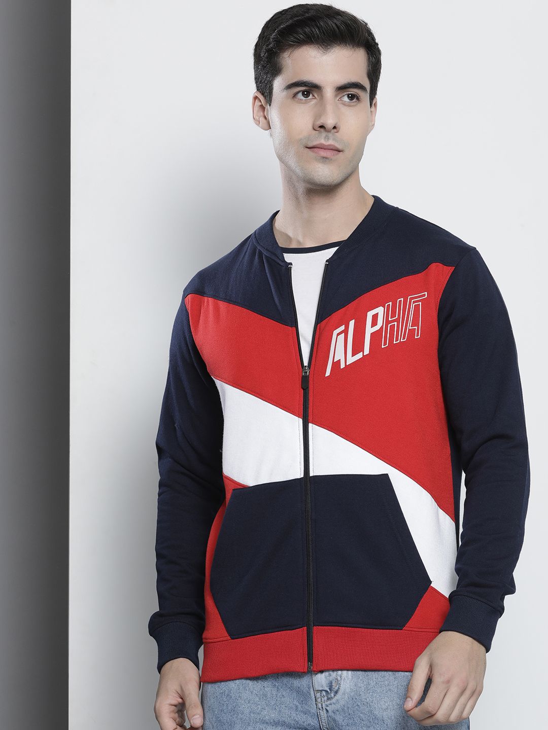 The Indian Garage Co Men Navy Blue & Red Colourblocked Sweatshirt