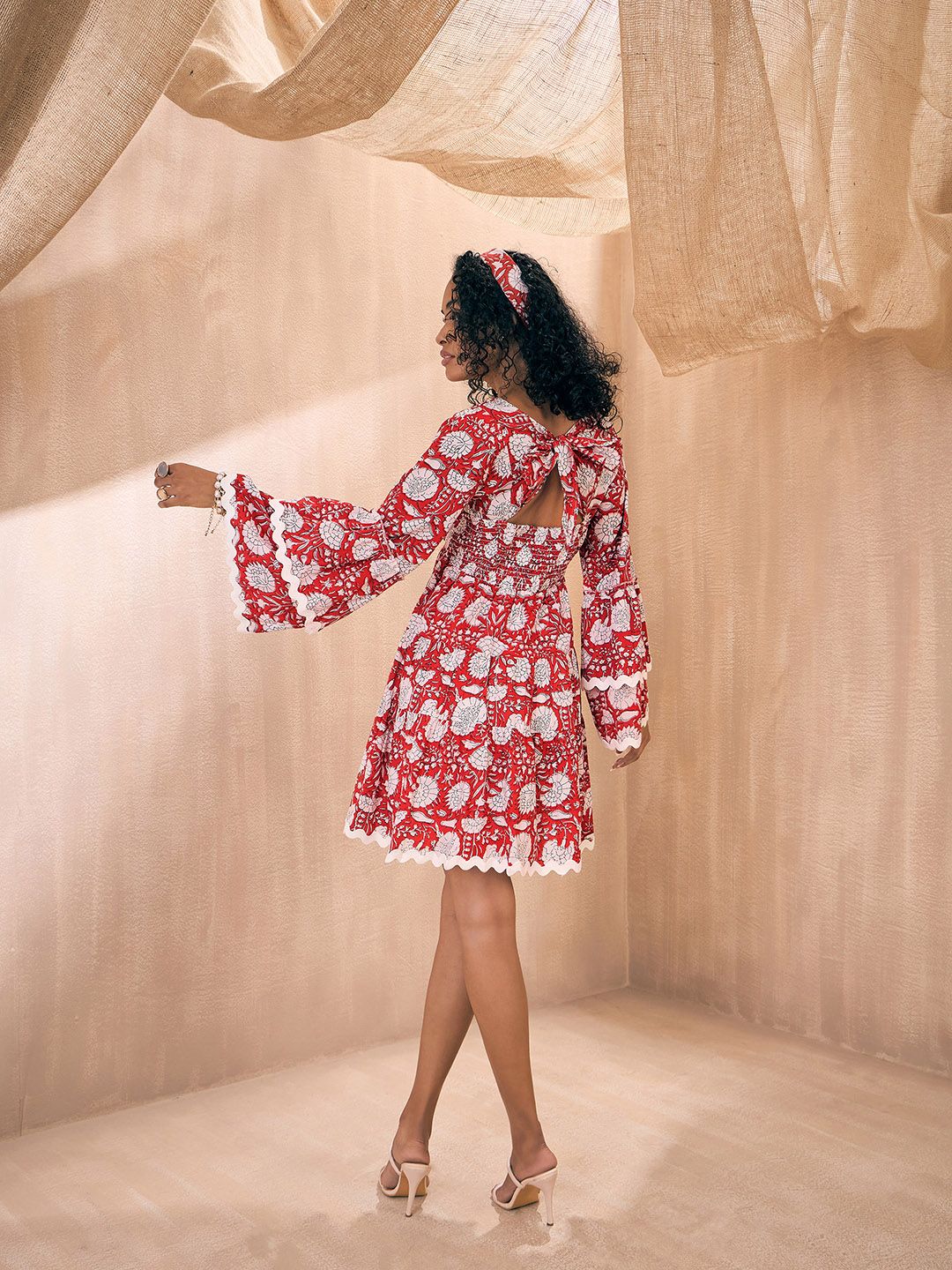 Pink Paprika by SASSAFRAS Floral Printed Flared Sleeve Cotton Smocked Fit & Flare Dress