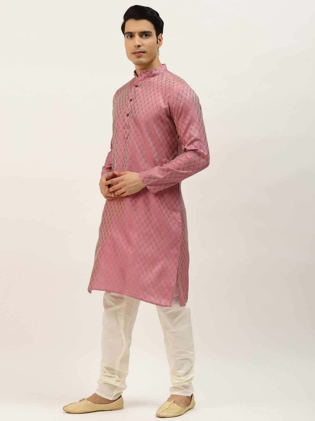 SOJANYA Kurta Rekaan Diri Lelaki Pink & Golden dengan Jaket Churidar & Nehru