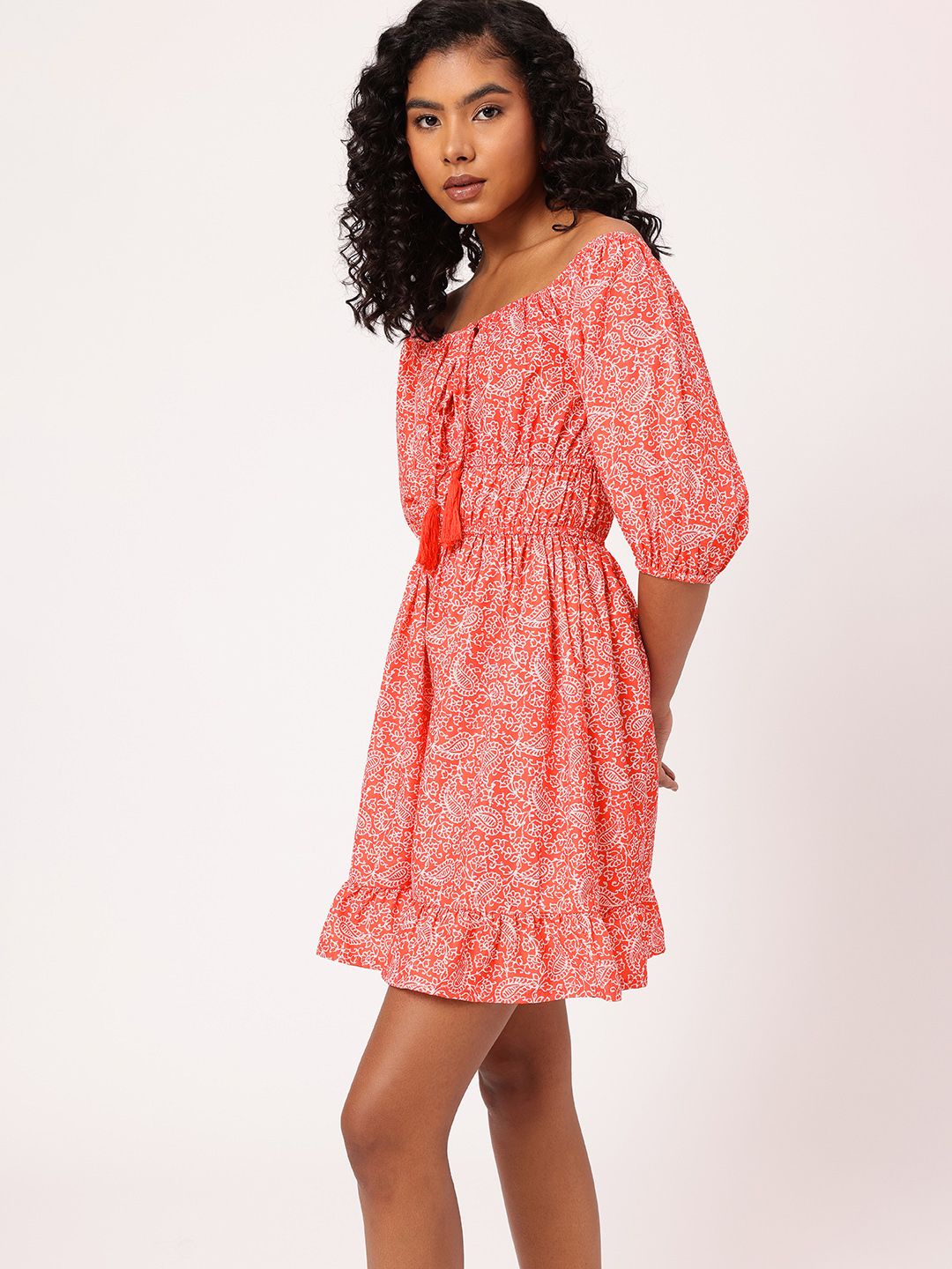 DressBerry Paisley Perfection Printed Cinched Waist Off-Shoulder A-line Mini Dress