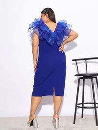 SASSAFRAS Curve Plus Size Blue V-Neck Flutter Sleeves Sheath Dress