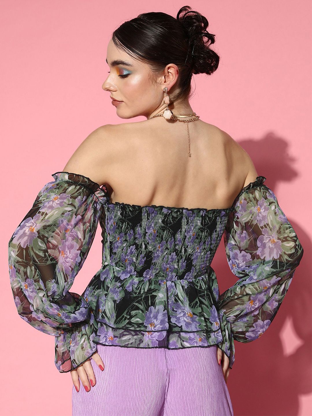Berrylush Floral Print Off-Shoulder Georgette Peplum Top