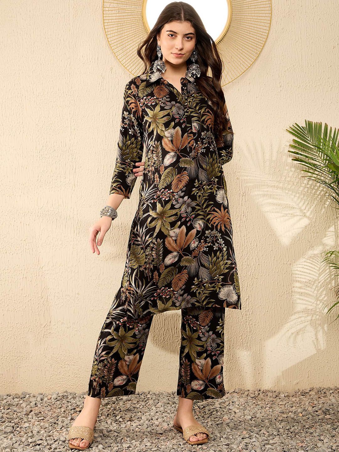 KALINI Floral Printed Mandarin Collar Straight Kurta With Trousers