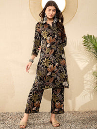 KALINI Floral Printed Mandarin Collar Straight Kurta With Trousers