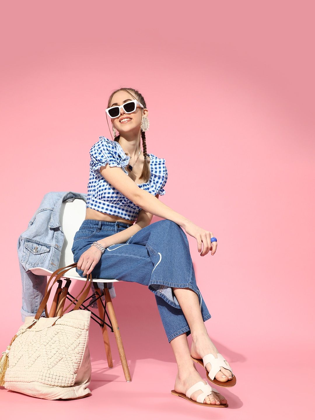 SASSAFRAS Women Blue & White Checked Ruffles Fitted Crop Top