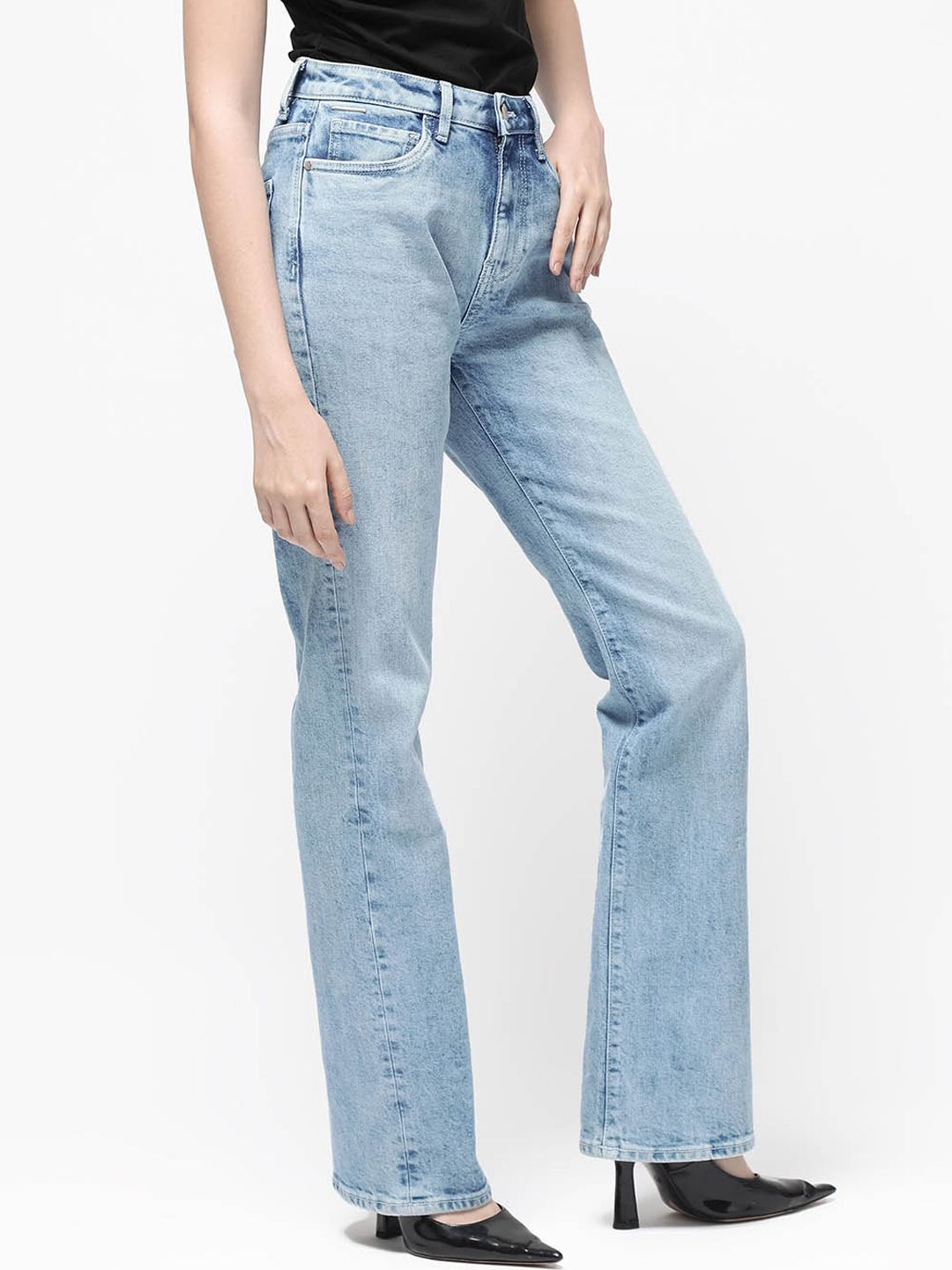 RAREISM Women Comfort Straight Fit High-Rise Clean Look Heavy Fade Cotton Jeans