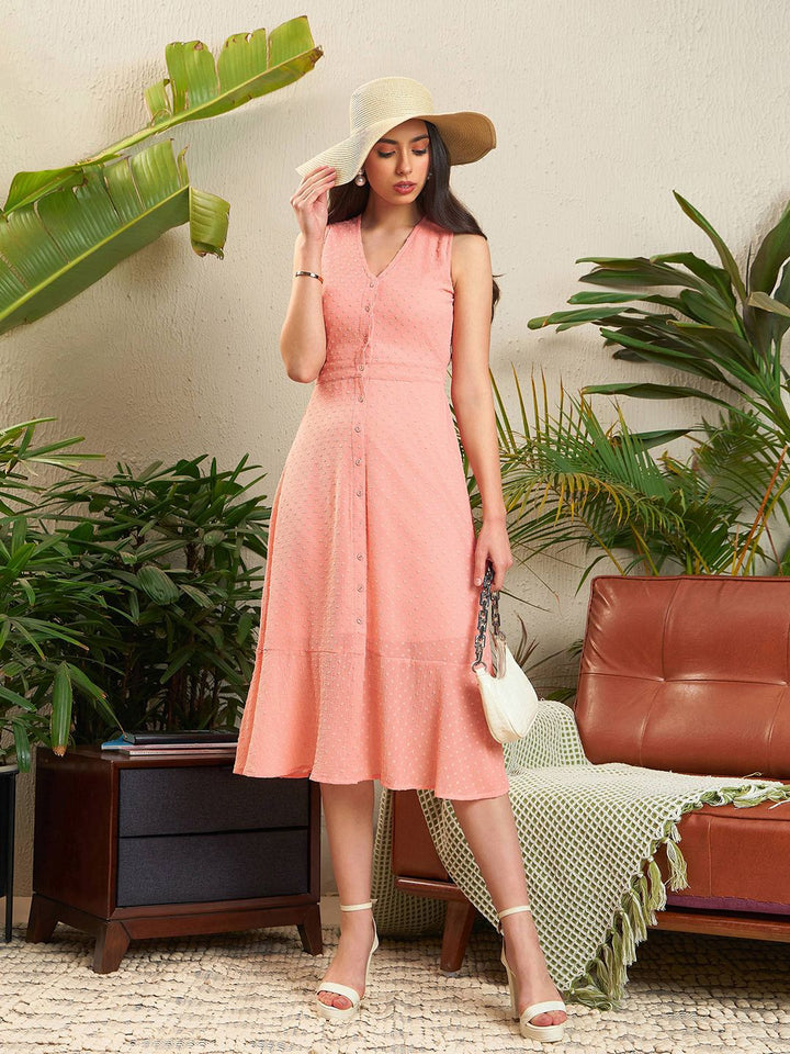 SASSAFRAS Peach-Coloured Self Design Georgette A-Line Midi Dress