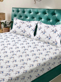 Myntra Elegant Homes White & Blue Floral 300 TC King Cadar dengan 2 Sarung Bantal