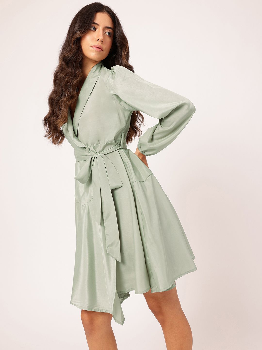 DressBerry Effortless Charm Shawl Collar Belted Wrap Tiered Mini Dress