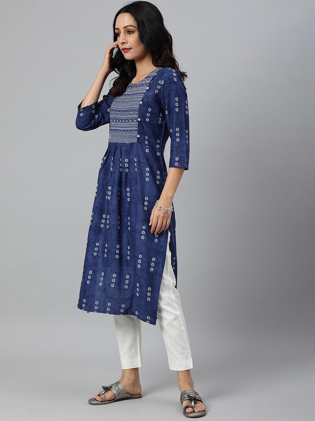W Women Blue Ethnic Motifs Printed Flared Sleeves Handloom Kurta