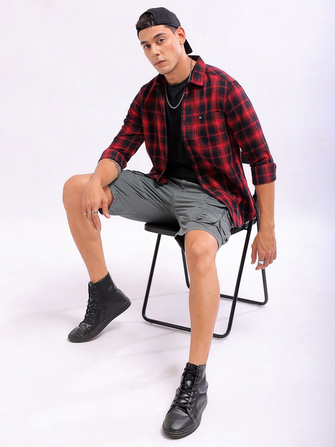 The Indian Garage Co Slim Fit Tartan Checked Spread Collar Casual Shirt