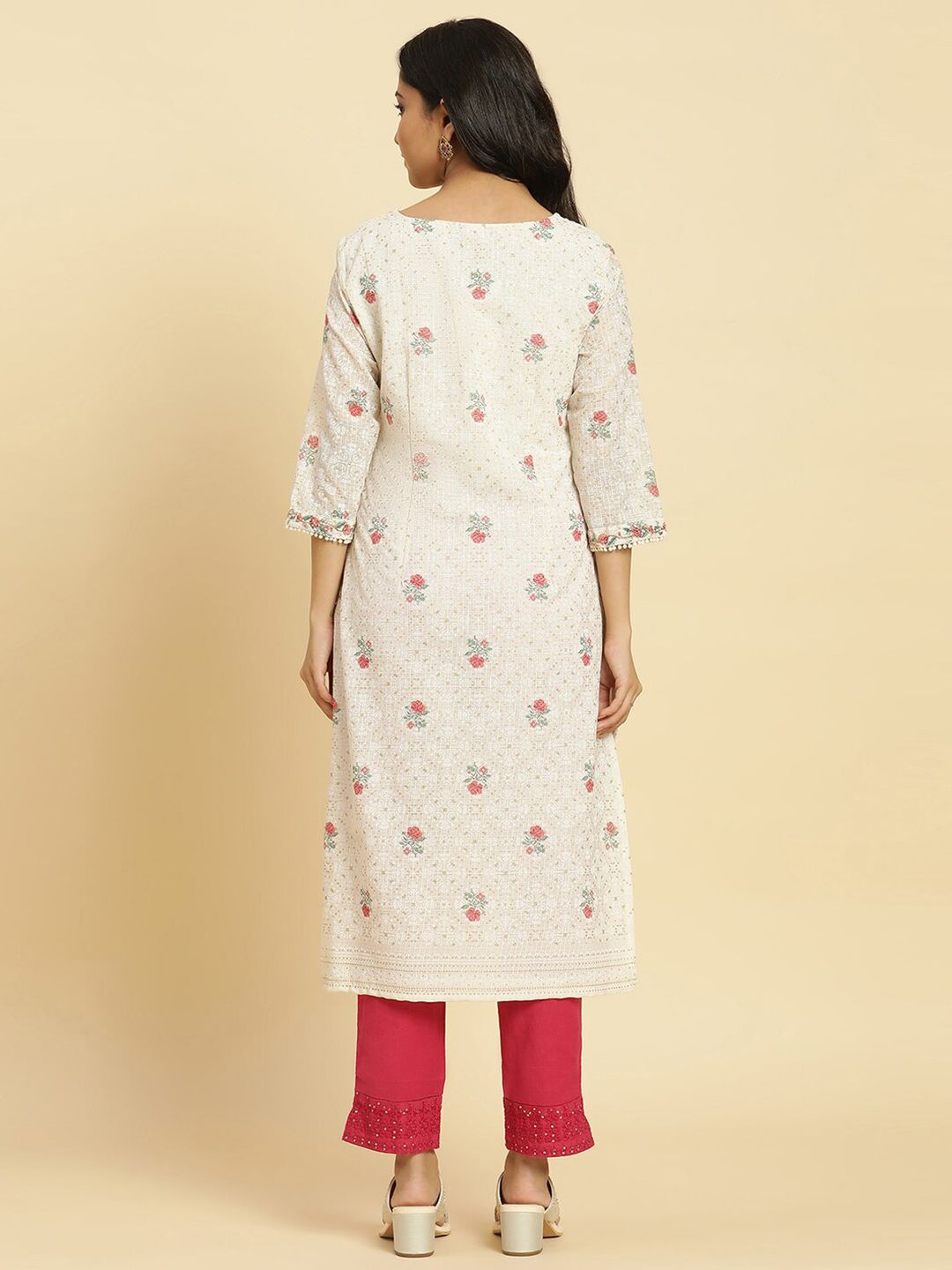 W Off White & Red Floral Printed Thread Work Boat Neck A-Line Kurta