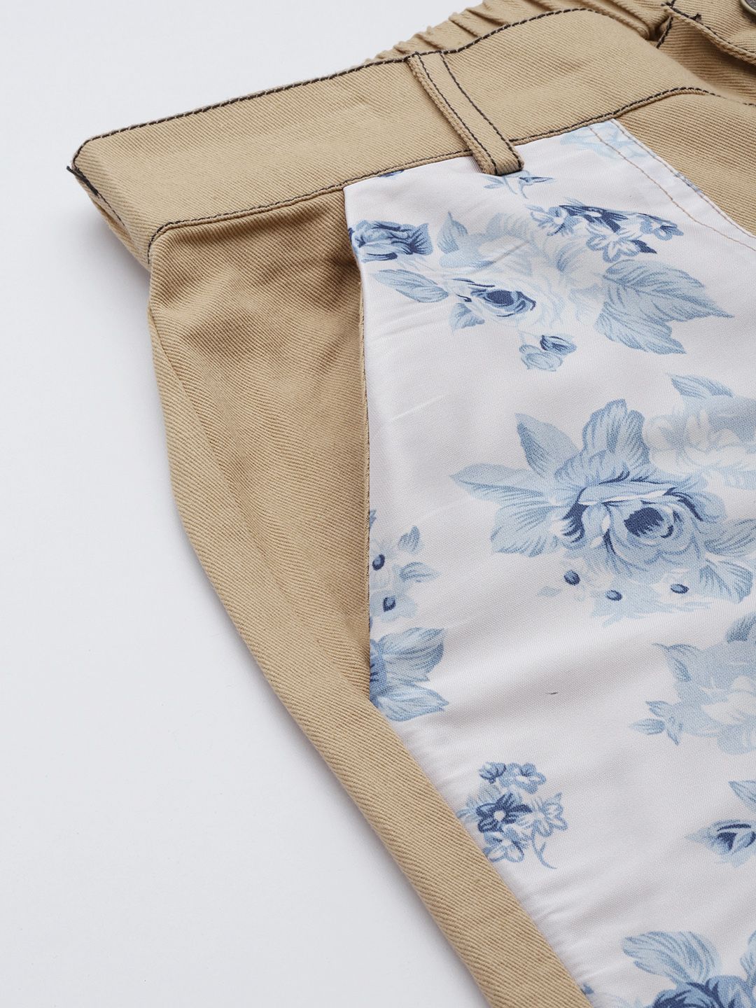 SASSAFRAS Women Khaki Floral Printed Comfort Loose Fit Easy Wash Cotton Parallel Trousers