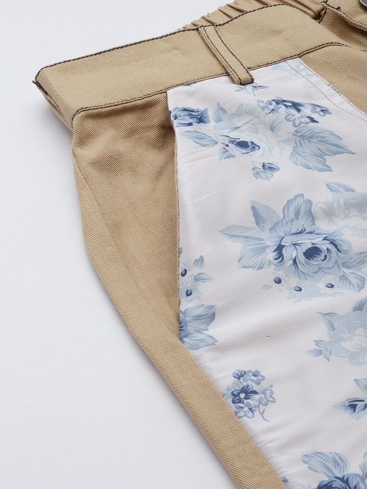 SASSAFRAS Women Khaki Floral Printed Comfort Loose Fit Easy Wash Cotton Parallel Trousers
