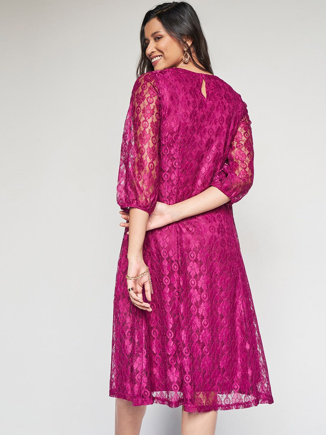 AND Self Design Round Neck Three-Quarter Sleeves Fit & Flare Dress