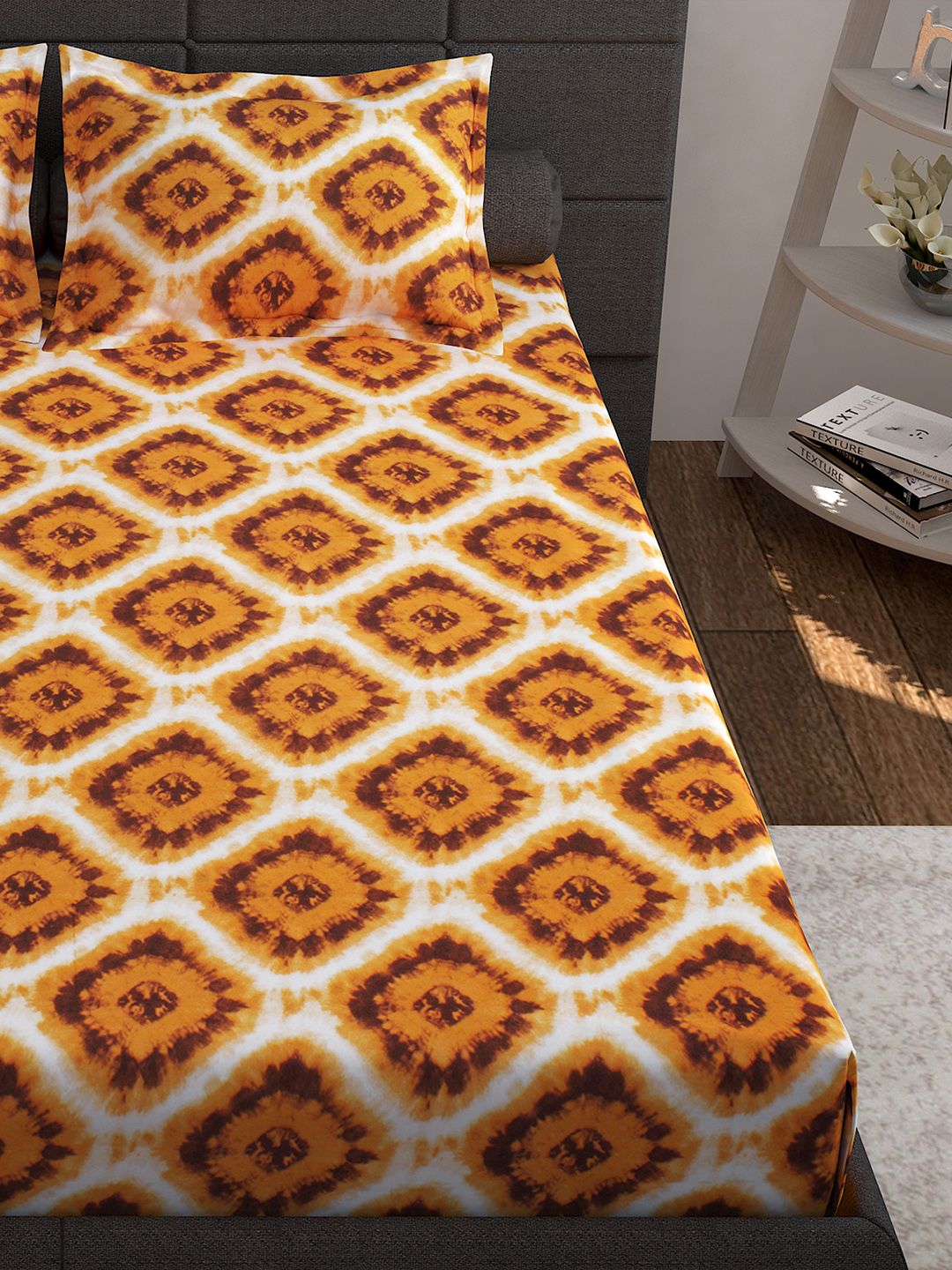 Story@home Unisex Yellow Geometric Cotton 144 TC 1 King Size Bedsheet with 2 Pillow Covers
