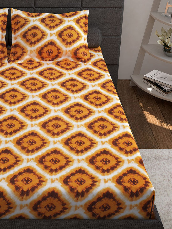Story@home Unisex Yellow Geometric Cotton 144 TC 1 King Size Bedsheet with 2 Pillow Covers