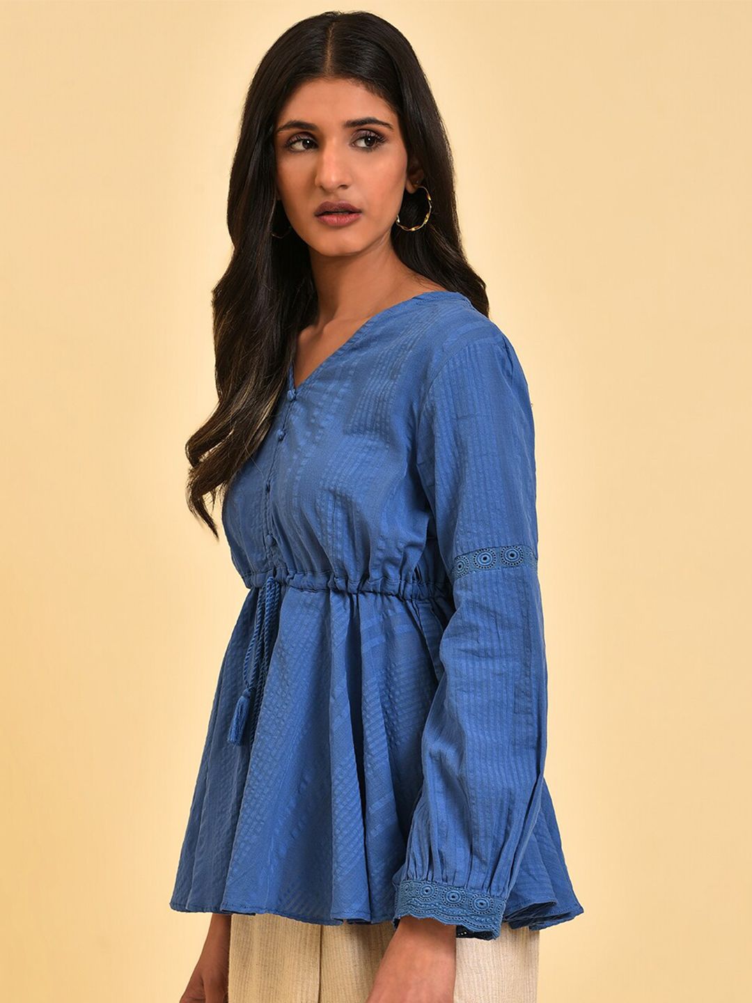 W Blue Self Design Pure Cotton Cinched Waist Top