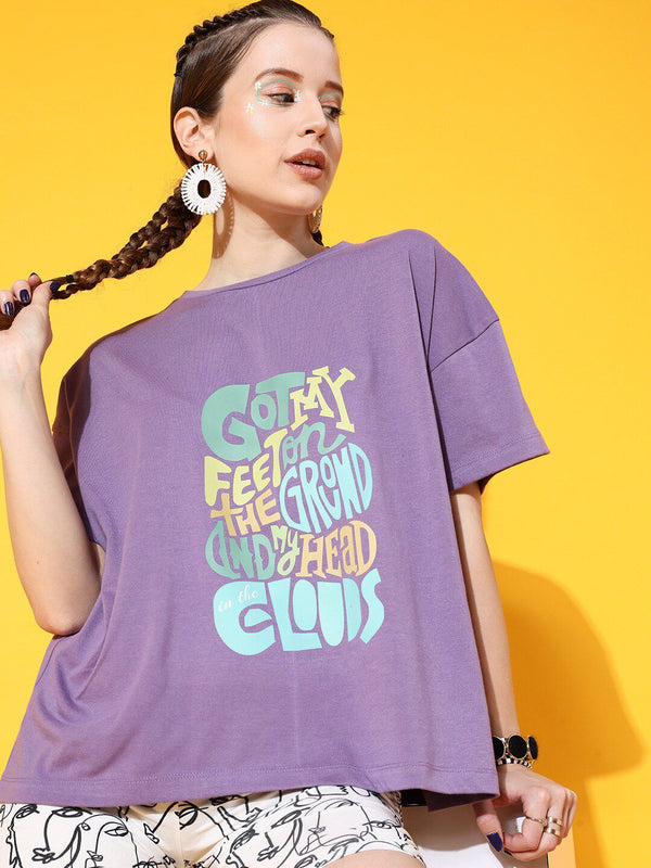 STREET 9 Women Lavender Typography Printed High Neck Extended Sleeves Bio Finish Oversized  T-shirt