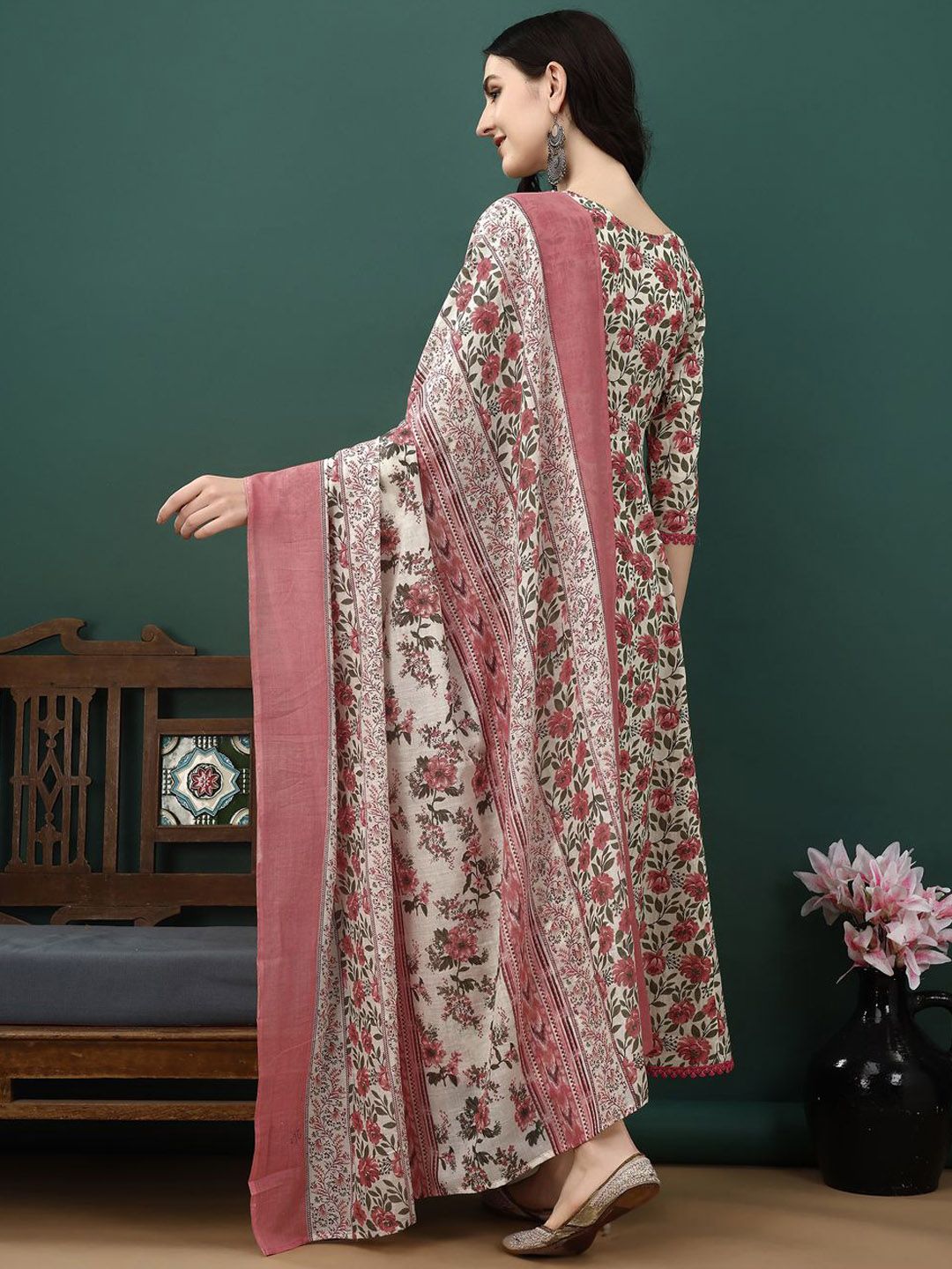 KALINI Floral Printed Pure Cotton Anarkali Kurta With Trousers & Dupatta