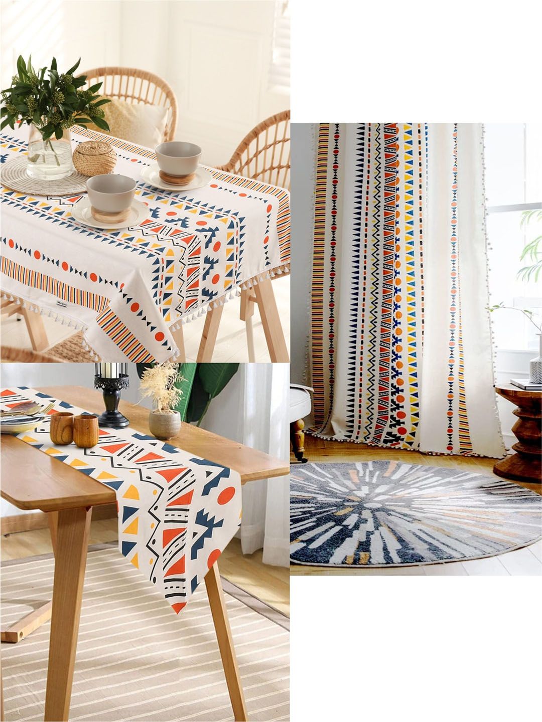 URBAN SPACE White & Blue Geometric Printed Pure Cotton 4-Seater Table Cover