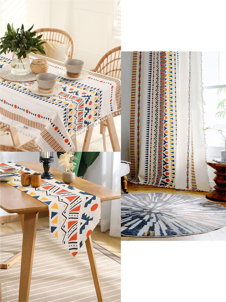 URBAN SPACE White & Blue Geometric Printed Pure Cotton 4-Seater Table Cover