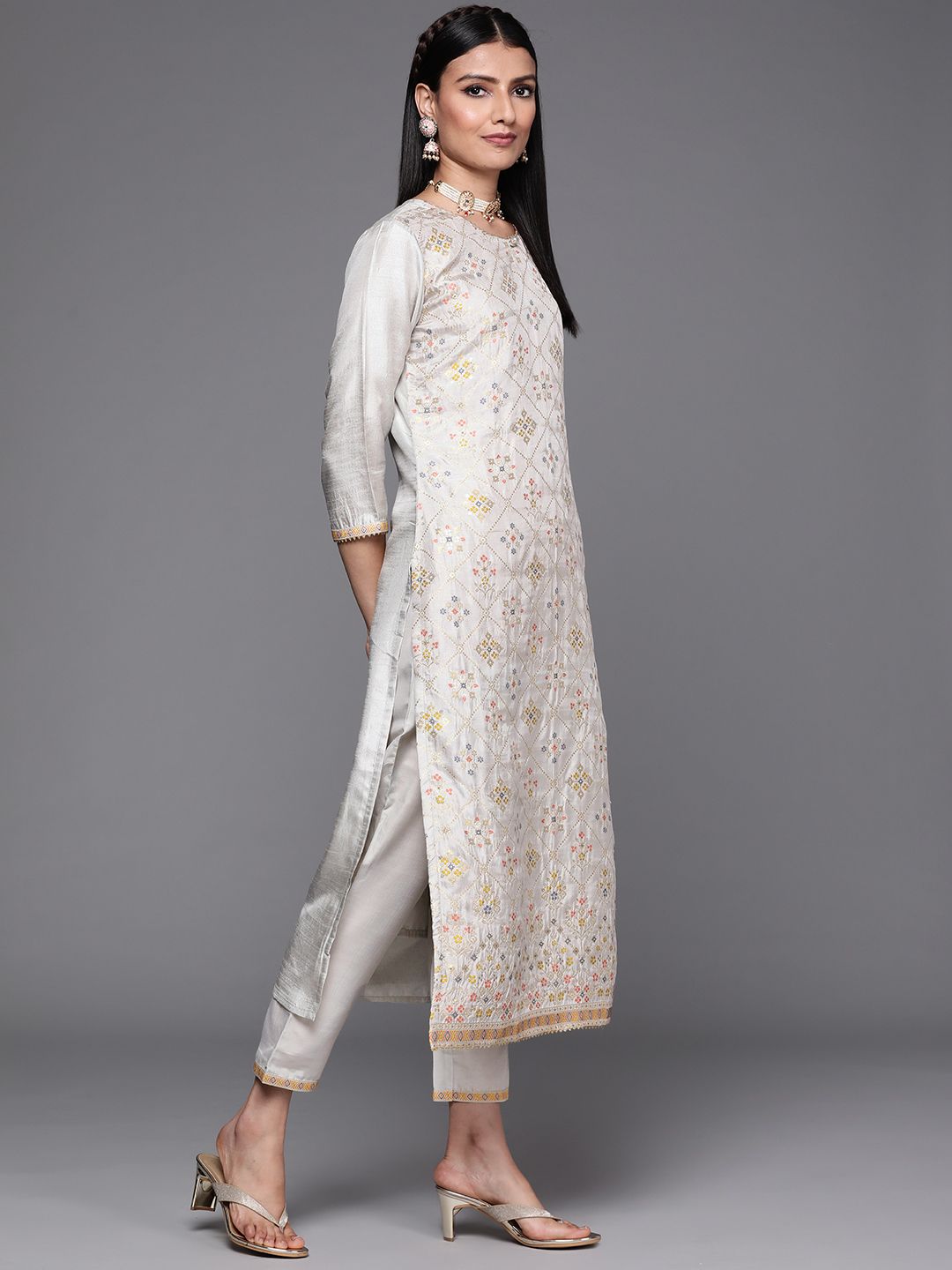 Libas Women Grey & Gold Ethnic Motifs Straight Kurta with Trousers & With Dupatta