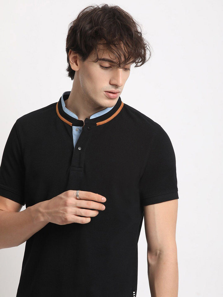 THE BEAR HOUSE Mandarin Collar Cotton Slim Fit T-shirt