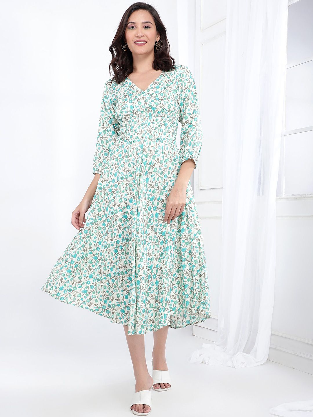 Bani Women Floral Printed V-Neck Smocked A-Line Midi Dress