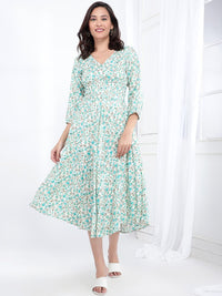 Bani Women Floral Printed V-Neck Smocked A-Line Midi Dress