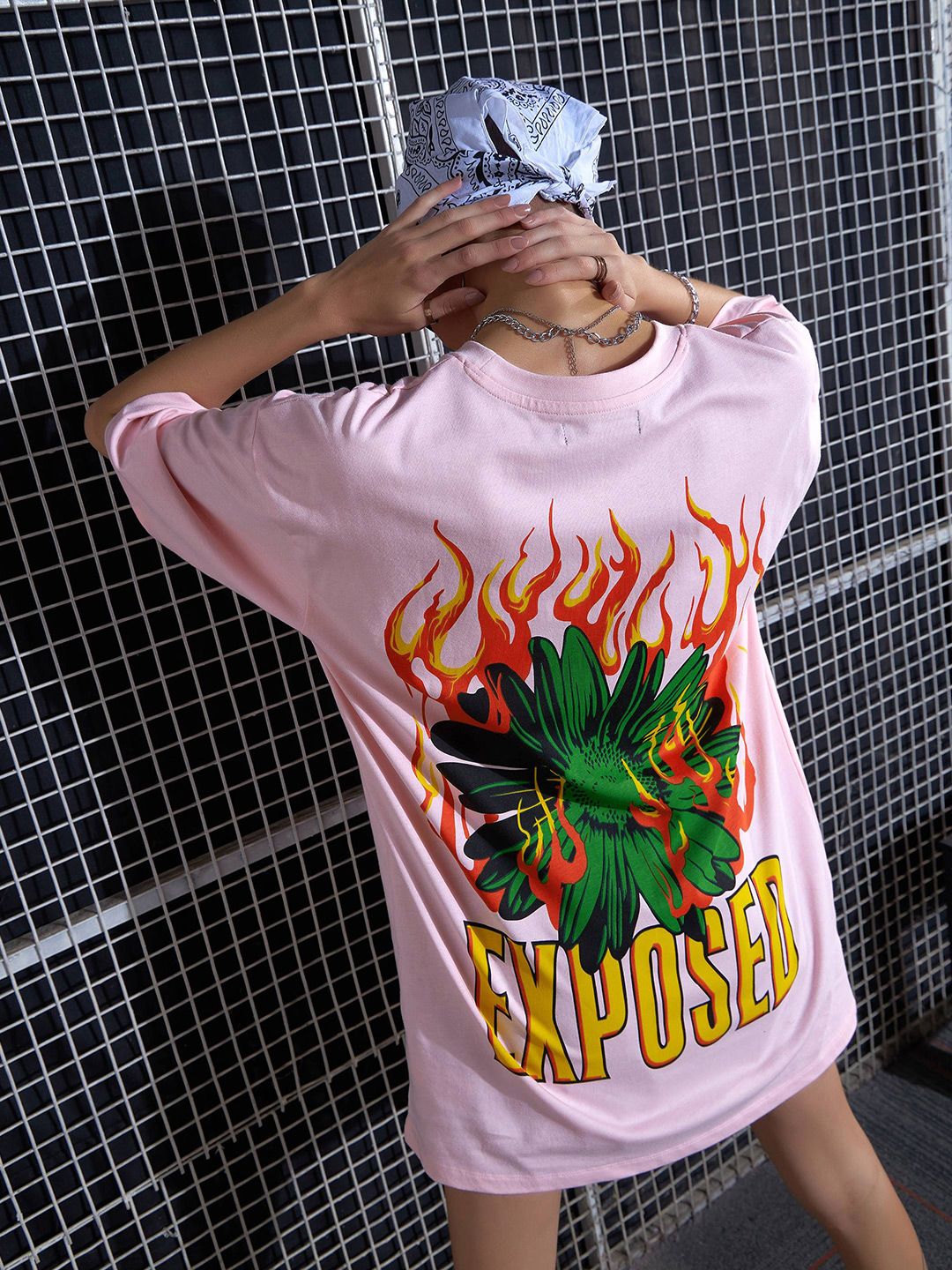 SASSAFRAS Pink Graphic Printed Pure Cotton Oversized T-Shirt Dress