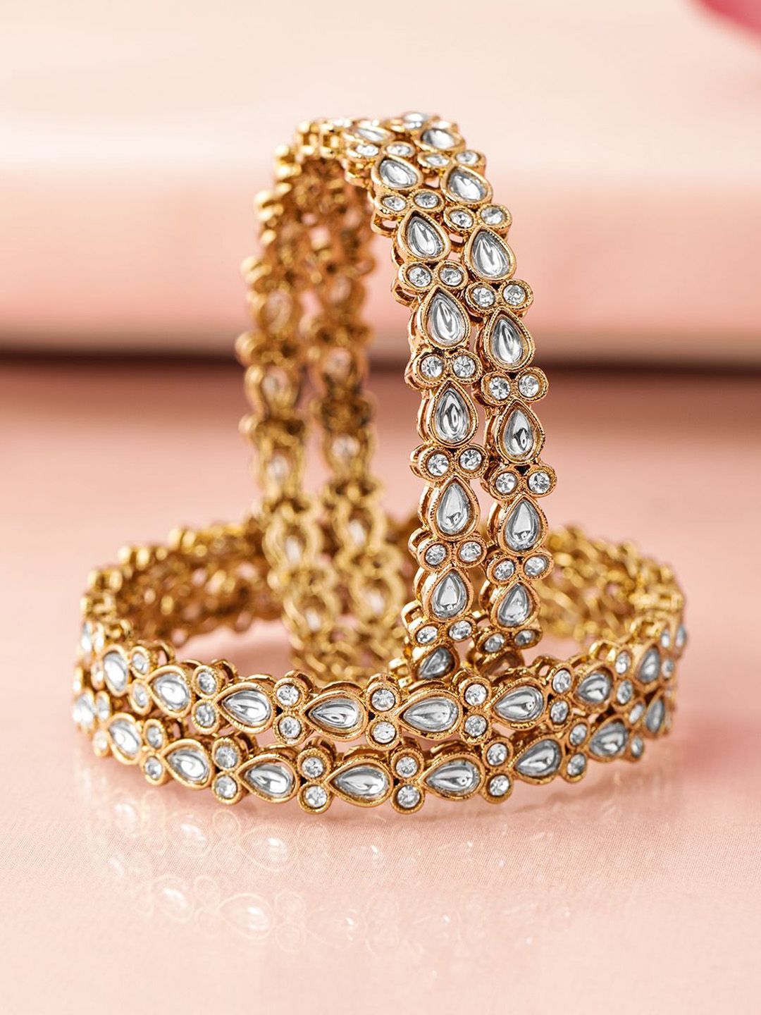 Rubans Set of 4 18K Mehandi Gold-Plated Kundan & Cubic Zirconia Studded Designer Bangles