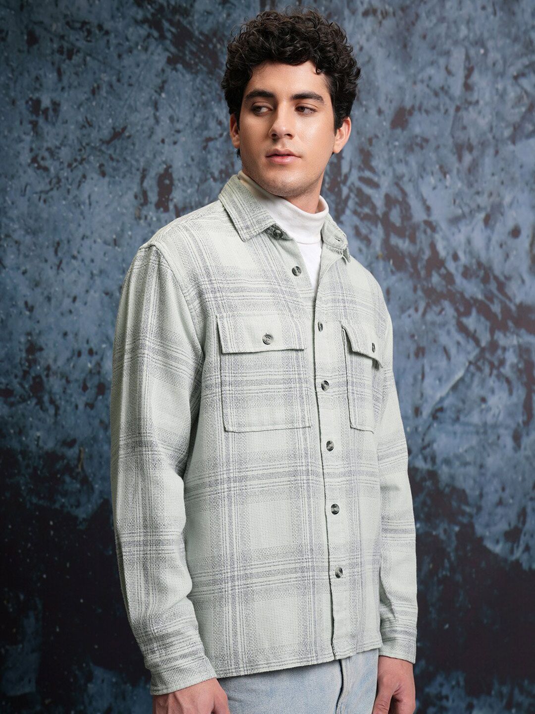 Locomotive Grindle Mock Lino Dobby Textured Tartan Checked Oversized Overshirt