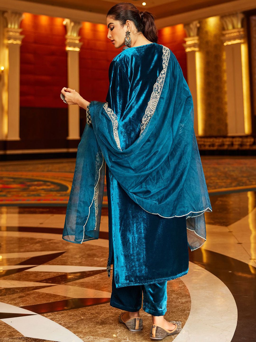 Indo Era Women Ethnic Motifs Embroidered Regular Velvet Kurta with Trousers & With Dupatta