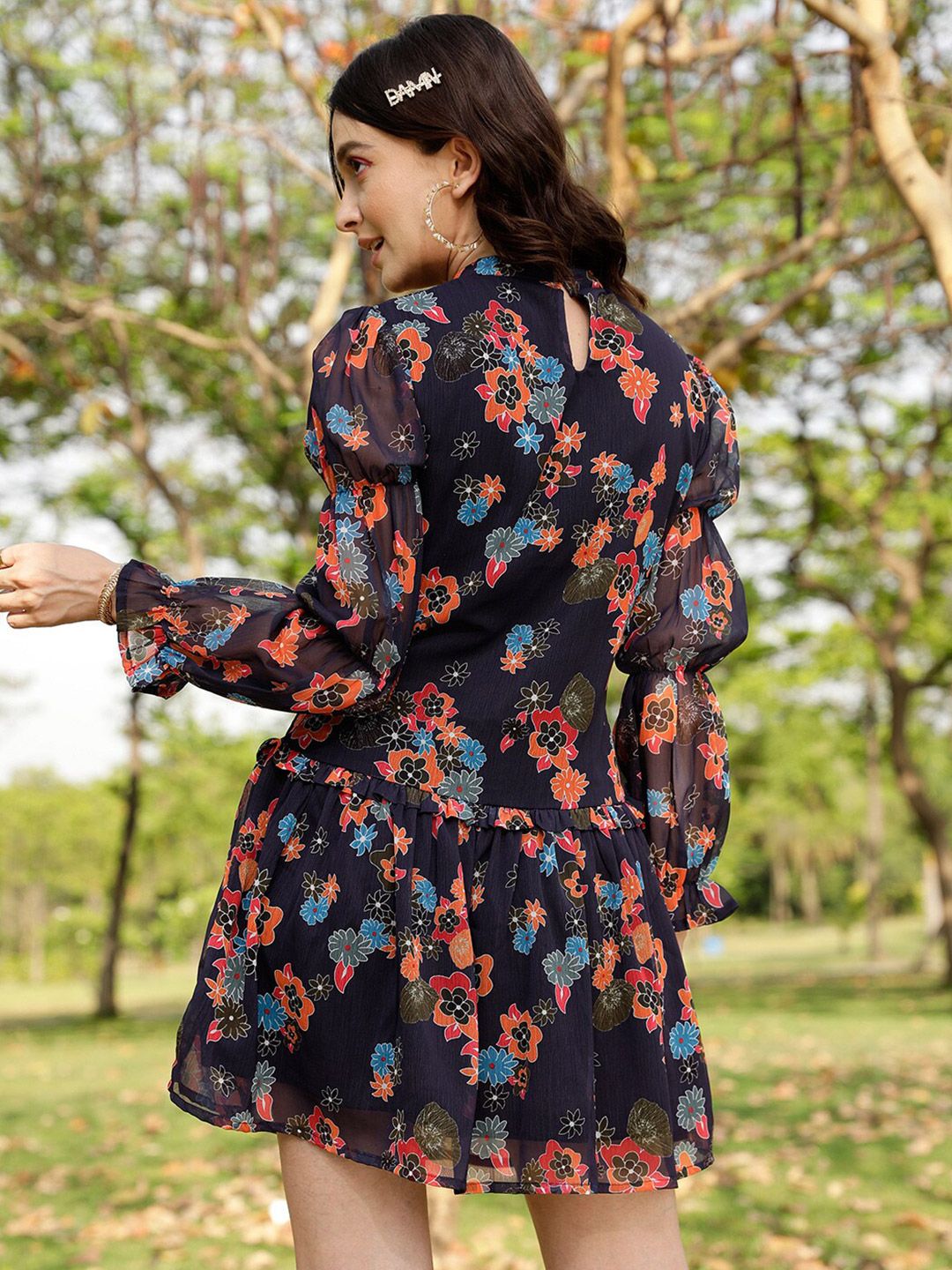 STREET 9 Navy Blue & Orange-Coloured Floral Printed A-Line Mini Dress