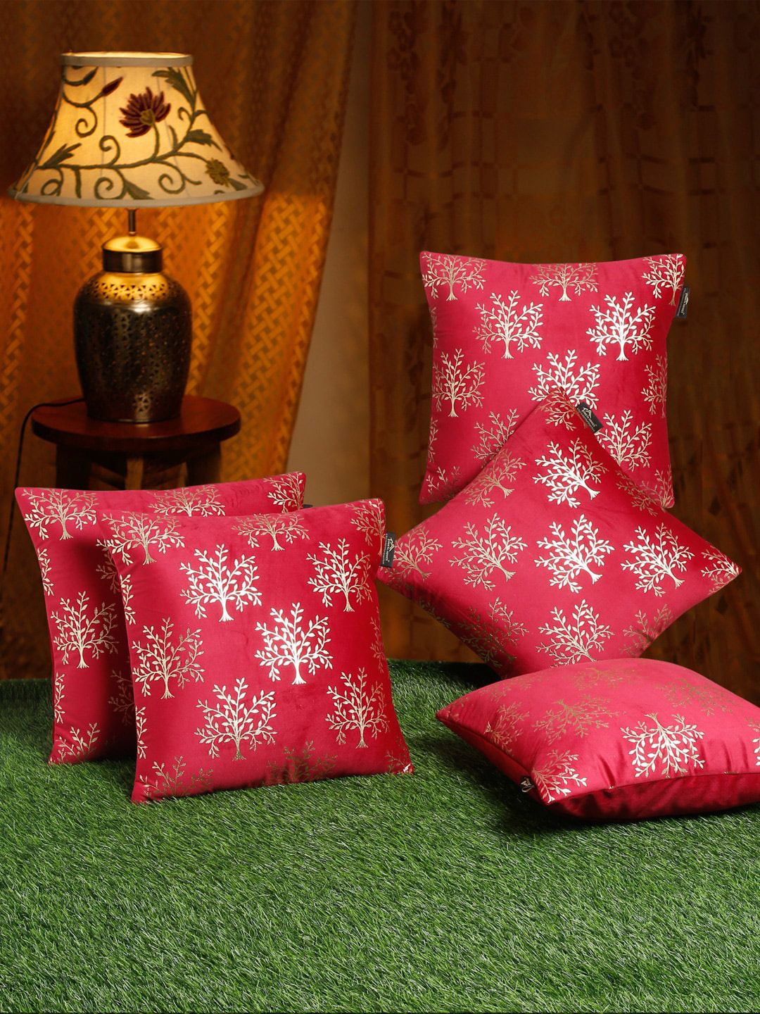 HOSTA HOMES Maroon & Gold Set of 5 Embroidered Velvet Square Cushion Covers