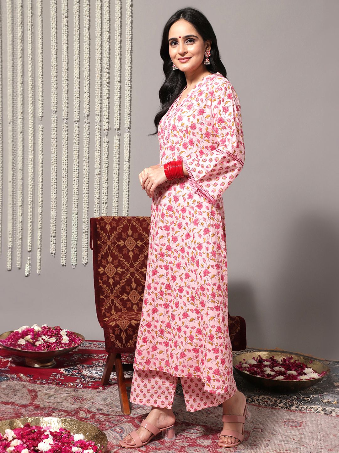 Varanga Floral Printed Pure Cotton A-Line Kurta With Trousers & Dupatta