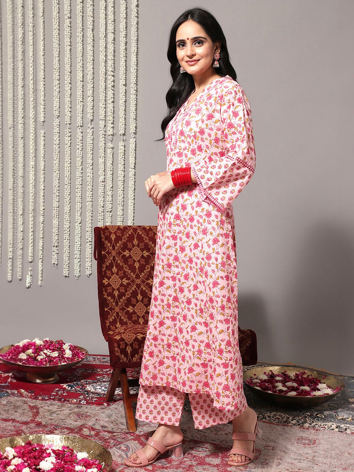 Varanga Floral Printed Pure Cotton A-Line Kurta With Trousers & Dupatta