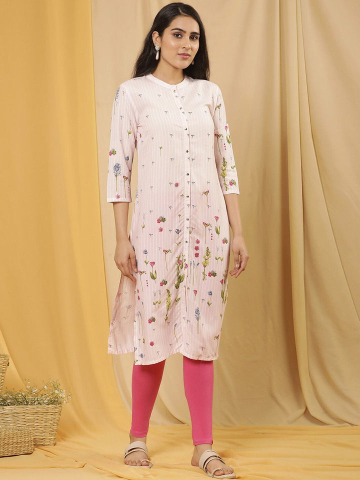W Floral Printed Mandarin Collar Straight Kurta With Leggings