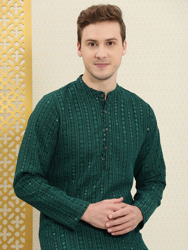 House of Pataudi Men Green Sequins Embellished Mandarin Collared Straight Kurta