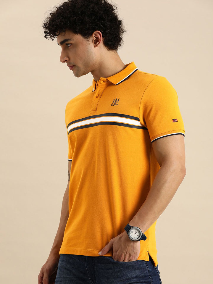 Menjadi Lelaki Pakaian Manusia Mustard Yellow Striped Polo Collar T-Shirt Kapas Tulen