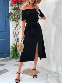 DressBerry Off-Shoulder Front Slit Fit & Flare Midi Dress