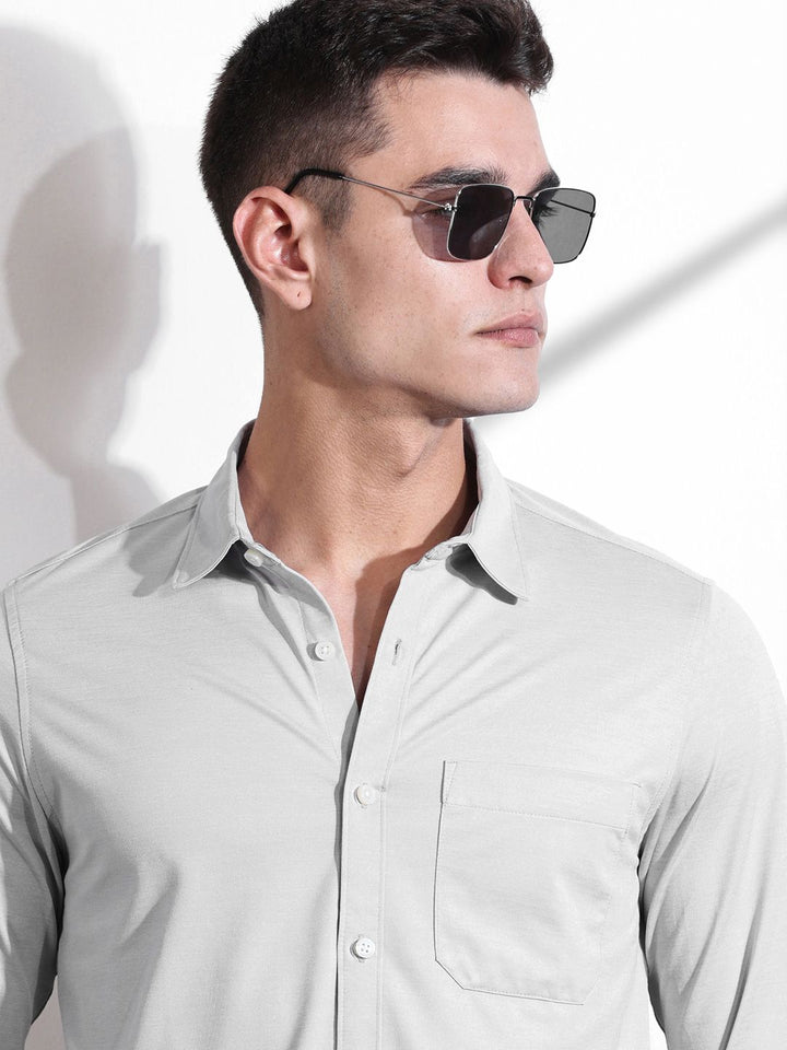 Thomas Scott Men Classic Slim Fit Spread Collar Solid Cotton Knitted Shirt