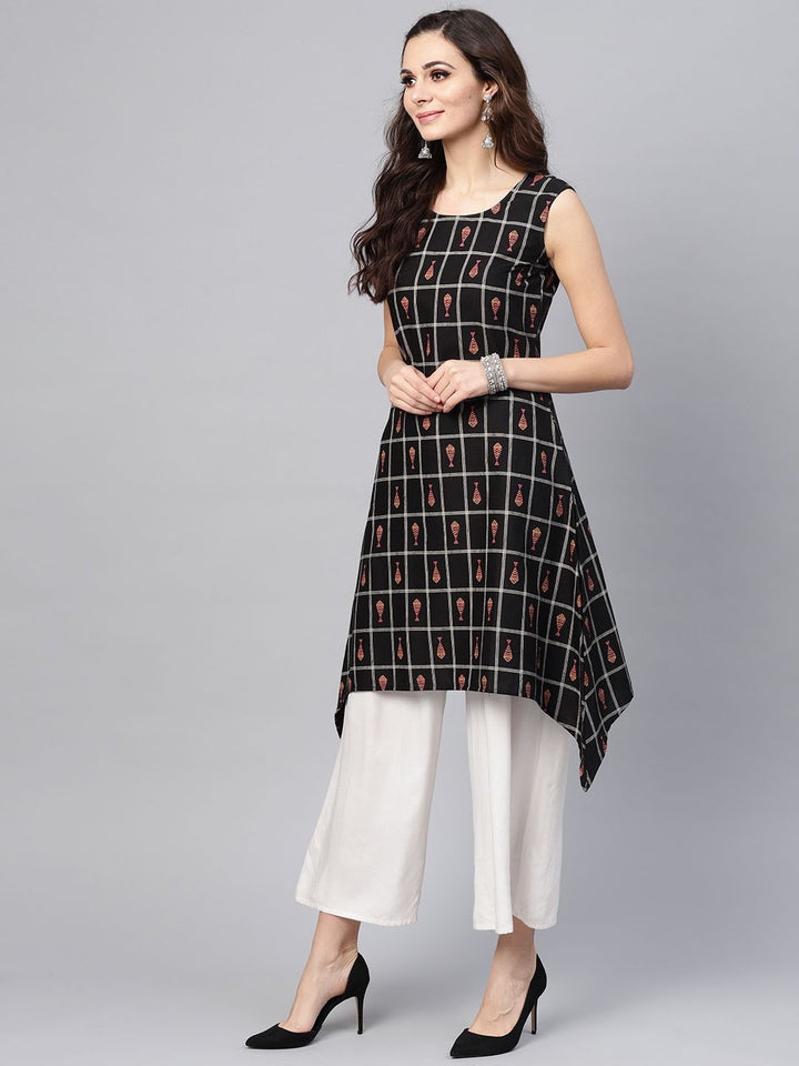 SOJANYA Women Black & White Checked A-Line Kurta