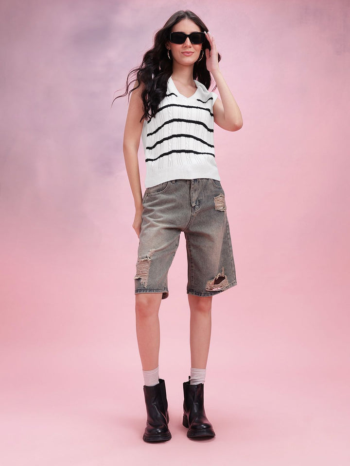 DressBerry Striped Cable Knit Shirt Collar Pullover
